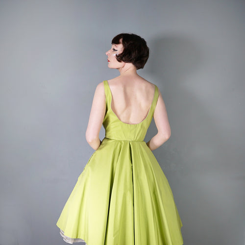 50s CHARTREUSE / PASTEL GREEN BACKLESS FULL CIRCLE DRESS - S