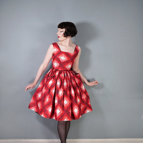 50s RED CHECK DAY DRESS WITH FULL SKIRT AND POCKETS - XS / PETITE FIT