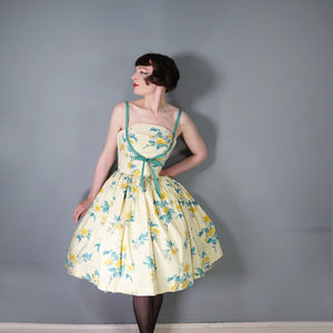 50s UNLABELLED HORROCKSES YELLOW FLORAL FULL SKIRTED COTTON SUN DRESS - S