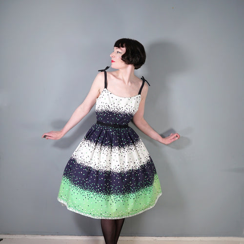 50s 60s BLANES BLACK, WHITE AND GREEN CONFETTI PRINT DRESS - S