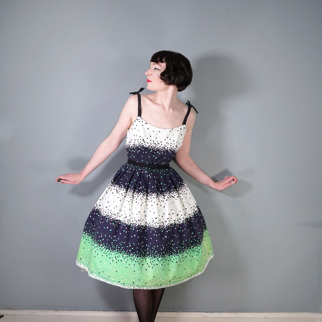 50s 60s BLANES BLACK, WHITE AND GREEN CONFETTI PRINT DRESS - S