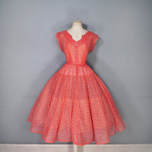 Load image into Gallery viewer, 50s RED SHEER FULL SKIRTED DRESS WITH FLOCKED BOW AND FLORAL PRINT - S