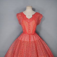 Load image into Gallery viewer, 50s RED SHEER FULL SKIRTED DRESS WITH FLOCKED BOW AND FLORAL PRINT - S