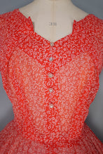 Load image into Gallery viewer, 50s RED SHEER FULL SKIRTED DRESS WITH FLOCKED BOW AND FLORAL PRINT - S