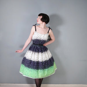 50s 60s BLANES BLACK, WHITE AND GREEN CONFETTI PRINT DRESS - S