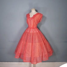 Load image into Gallery viewer, 50s RED SHEER FULL SKIRTED DRESS WITH FLOCKED BOW AND FLORAL PRINT - S