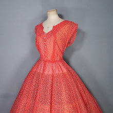Load image into Gallery viewer, 50s RED SHEER FULL SKIRTED DRESS WITH FLOCKED BOW AND FLORAL PRINT - S