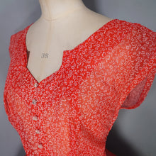 Load image into Gallery viewer, 50s RED SHEER FULL SKIRTED DRESS WITH FLOCKED BOW AND FLORAL PRINT - S