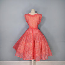 Load image into Gallery viewer, 50s RED SHEER FULL SKIRTED DRESS WITH FLOCKED BOW AND FLORAL PRINT - S