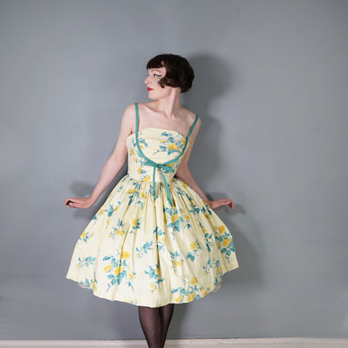 50s UNLABELLED HORROCKSES YELLOW FLORAL FULL SKIRTED COTTON SUN DRESS - S