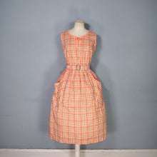 Load image into Gallery viewer, 60s PEACHY ORANGE CHECK PRINT COTTON DAY DRESS WITH BELT - S-M