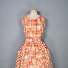 Load image into Gallery viewer, 60s PEACHY ORANGE CHECK PRINT COTTON DAY DRESS WITH BELT - S-M