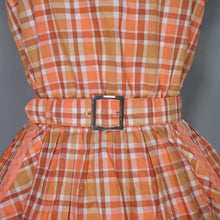 Load image into Gallery viewer, 60s PEACHY ORANGE CHECK PRINT COTTON DAY DRESS WITH BELT - S-M