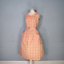 Load image into Gallery viewer, 60s PEACHY ORANGE CHECK PRINT COTTON DAY DRESS WITH BELT - S-M
