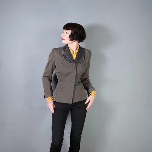 40s GREY TAILORED JACKET WITH BEADED COLLAR AND BUTTON DETAIL - M