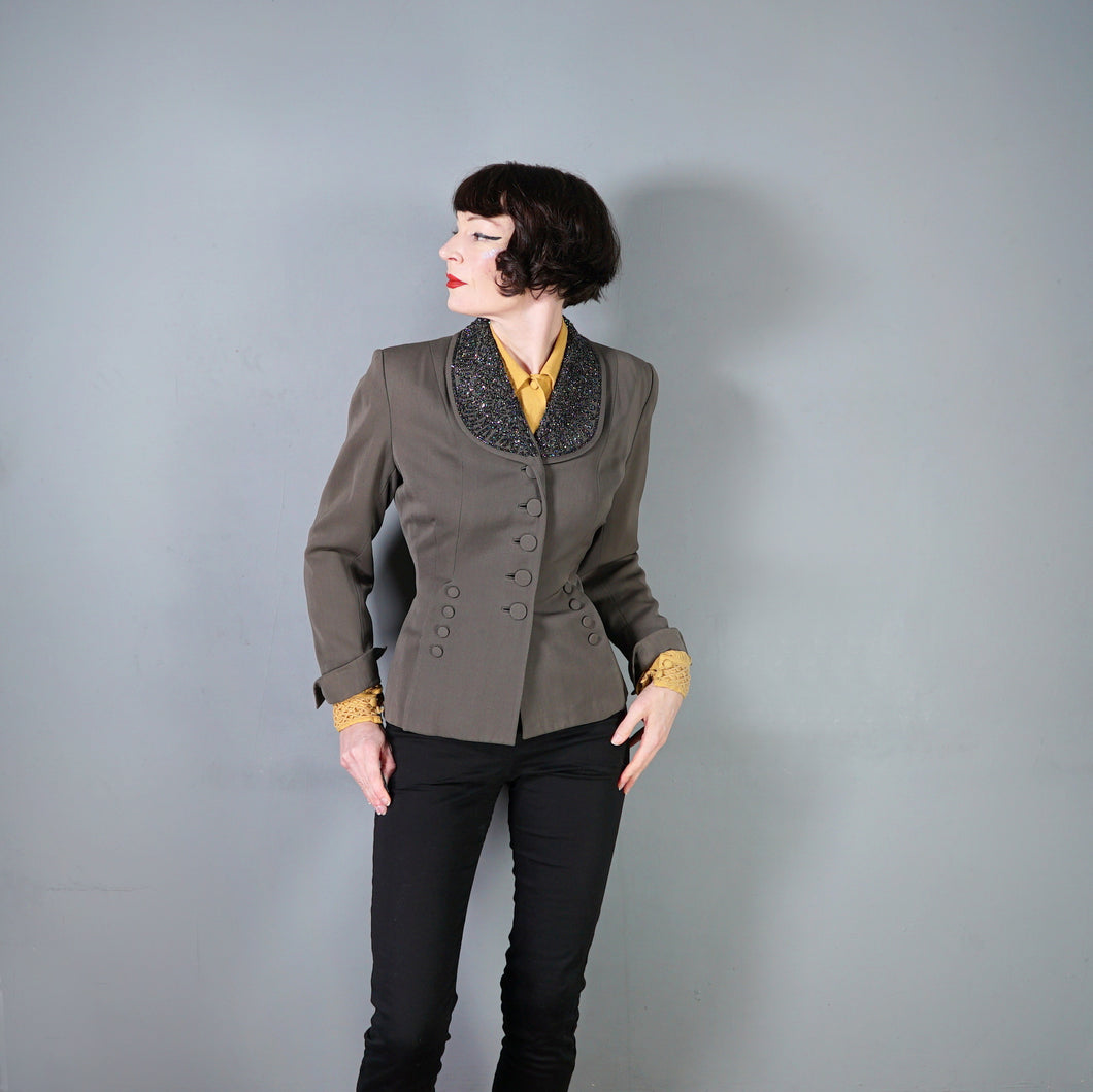 40s GREY TAILORED JACKET WITH BEADED COLLAR AND BUTTON DETAIL - M