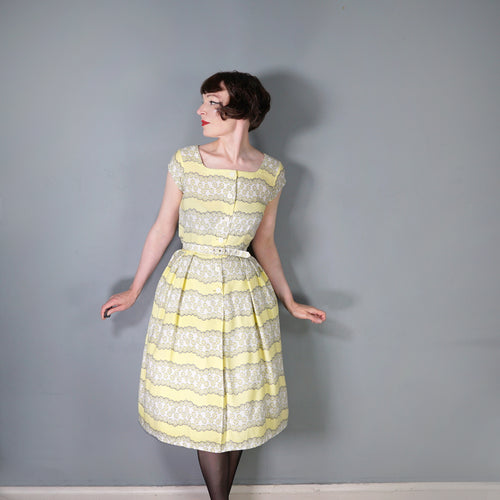 40s / 50s SOFT RAYON YELLOW FLORAL TEA DRESS WITH BELT - M