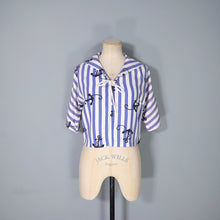 Load image into Gallery viewer, 50s BLUE WHITE STRIPED ANCHOR PRINT TIE NECK SAILOR SHIRT TOP - XS-S