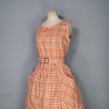 Load image into Gallery viewer, 60s PEACHY ORANGE CHECK PRINT COTTON DAY DRESS WITH BELT - S-M