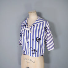 Load image into Gallery viewer, 50s BLUE WHITE STRIPED ANCHOR PRINT TIE NECK SAILOR SHIRT TOP - XS-S