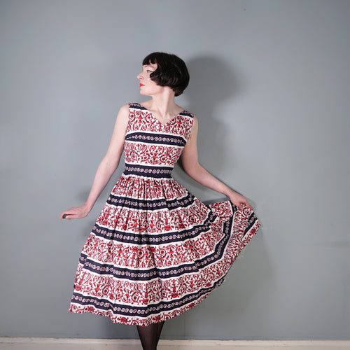 50s PRINTED FULL SKIRTED COTTON DRESS IN BURGUNDY, CREAM AND BLACK - S