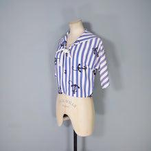 Load image into Gallery viewer, 50s BLUE WHITE STRIPED ANCHOR PRINT TIE NECK SAILOR SHIRT TOP - XS-S