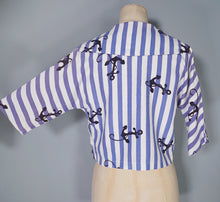 Load image into Gallery viewer, 50s BLUE WHITE STRIPED ANCHOR PRINT TIE NECK SAILOR SHIRT TOP - XS-S