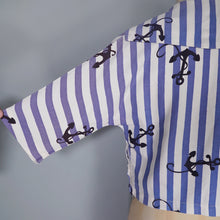 Load image into Gallery viewer, 50s BLUE WHITE STRIPED ANCHOR PRINT TIE NECK SAILOR SHIRT TOP - XS-S