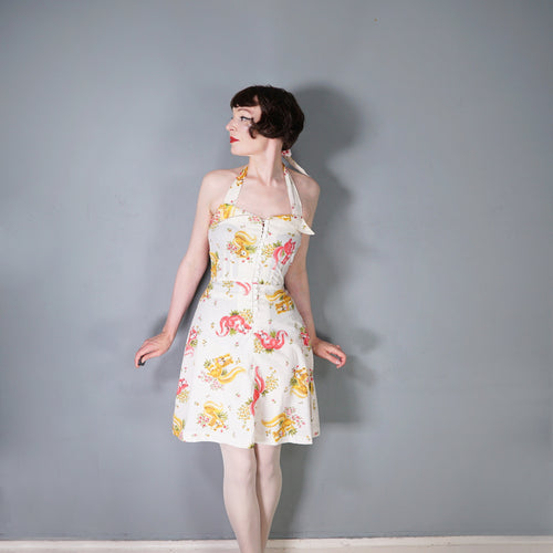70s PENELOPE PEEP SQUIRREL NOVELTY PRINT MINI HALTER DRESS - S