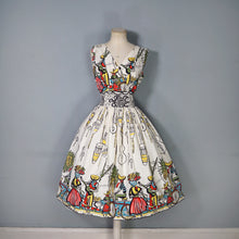 Load image into Gallery viewer, 50s GREENTREE SAUL STEINBERG CARRIBEAN NOVELTY PRINT FULL SKIRTED DRESS - S