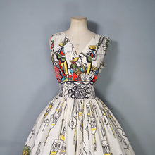 Load image into Gallery viewer, 50s GREENTREE SAUL STEINBERG CARRIBEAN NOVELTY PRINT FULL SKIRTED DRESS - S
