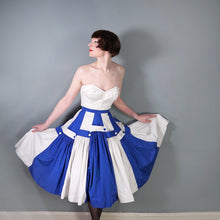 Load image into Gallery viewer, 50s BLUE WHITE STRIPE PANELLED FULL SKIRT WITH STRAP AND BUTTON DETAIL - 30"