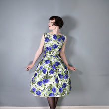 Load image into Gallery viewer, 60s GREEN AND VIOLET-BLUE PAINTERLY ROSE COTTON DRESS - S