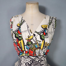 Load image into Gallery viewer, 50s GREENTREE SAUL STEINBERG CARRIBEAN NOVELTY PRINT FULL SKIRTED DRESS - S