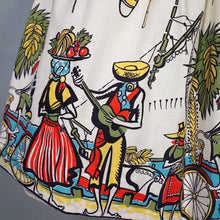 Load image into Gallery viewer, 50s GREENTREE SAUL STEINBERG CARRIBEAN NOVELTY PRINT FULL SKIRTED DRESS - S