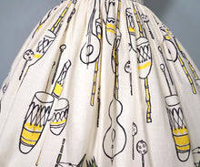 Load image into Gallery viewer, 50s GREENTREE SAUL STEINBERG CARRIBEAN NOVELTY PRINT FULL SKIRTED DRESS - S
