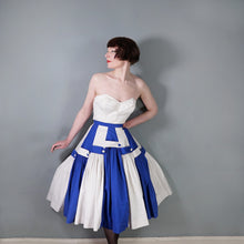 Load image into Gallery viewer, 50s BLUE WHITE STRIPE PANELLED FULL SKIRT WITH STRAP AND BUTTON DETAIL - 30"