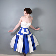 Load image into Gallery viewer, 50s BLUE WHITE STRIPE PANELLED FULL SKIRT WITH STRAP AND BUTTON DETAIL - 30"