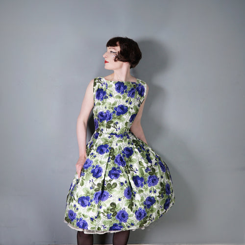 60s GREEN AND VIOLET-BLUE PAINTERLY ROSE COTTON DRESS - S