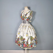 Load image into Gallery viewer, 50s GREENTREE SAUL STEINBERG CARRIBEAN NOVELTY PRINT FULL SKIRTED DRESS - S