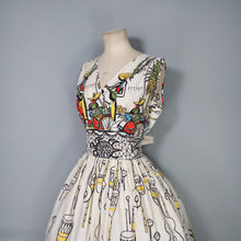 Load image into Gallery viewer, 50s GREENTREE SAUL STEINBERG CARRIBEAN NOVELTY PRINT FULL SKIRTED DRESS - S