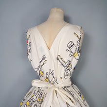 Load image into Gallery viewer, 50s GREENTREE SAUL STEINBERG CARRIBEAN NOVELTY PRINT FULL SKIRTED DRESS - S