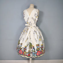 Load image into Gallery viewer, 50s GREENTREE SAUL STEINBERG CARRIBEAN NOVELTY PRINT FULL SKIRTED DRESS - S