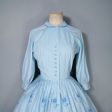 Load image into Gallery viewer, 50s CLAUDIA HUNT PASTEL BLUE FLORAL EMBROIDERED SHIRT DRESS - XS
