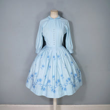Load image into Gallery viewer, 50s CLAUDIA HUNT PASTEL BLUE FLORAL EMBROIDERED SHIRT DRESS - XS