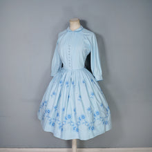 Load image into Gallery viewer, 50s CLAUDIA HUNT PASTEL BLUE FLORAL EMBROIDERED SHIRT DRESS - XS