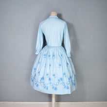 Load image into Gallery viewer, 50s CLAUDIA HUNT PASTEL BLUE FLORAL EMBROIDERED SHIRT DRESS - XS