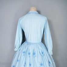 Load image into Gallery viewer, 50s CLAUDIA HUNT PASTEL BLUE FLORAL EMBROIDERED SHIRT DRESS - XS