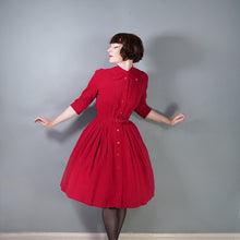 Load image into Gallery viewer, 50s DARK RED CORDUROY FULL SKIRTED DRESS WITH BELT AND NECK STRAP - S
