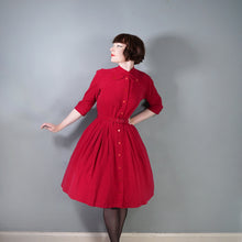 Load image into Gallery viewer, 50s DARK RED CORDUROY FULL SKIRTED DRESS WITH BELT AND NECK STRAP - S